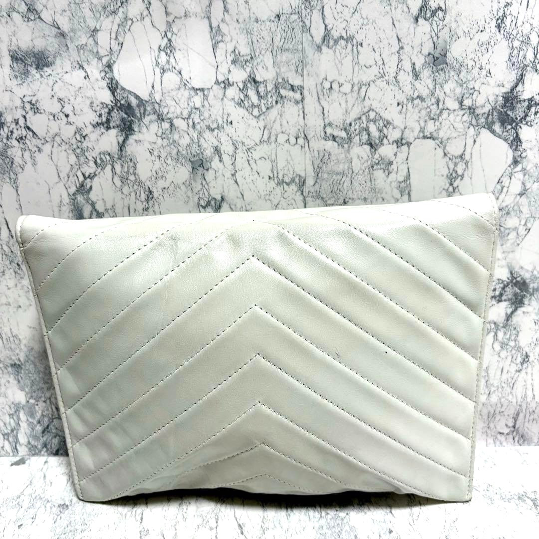 Yves Saint Laurent Clutch Bag Second Bag White Leather Chevron 9.6x6.7in