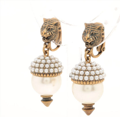 Gucci Tiger Head Earrings GP Fake Pearl Gold Italy Clip-On Authentic Japan Used