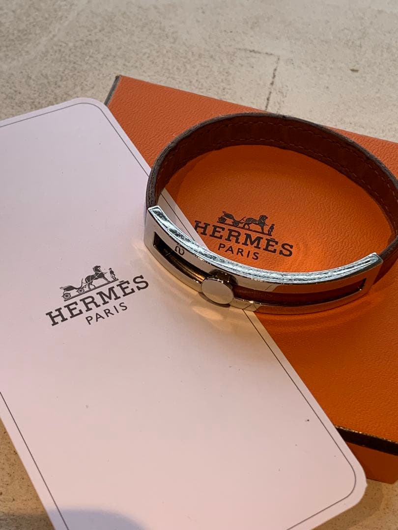 Hermes Pousse Pousse Silver Tone Metal Brique Leather Bracelet Adjustable