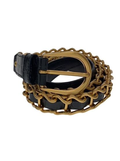 Miu Miu Belt Black Croc Embossed Leather Gold Chain Horseshoe Buckle Italy Used