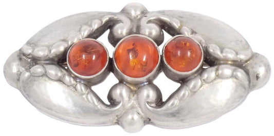 Georg Jensen #156 Brooch Silver 925 Amber Cabochon Art Nouveau Vintage Denmark