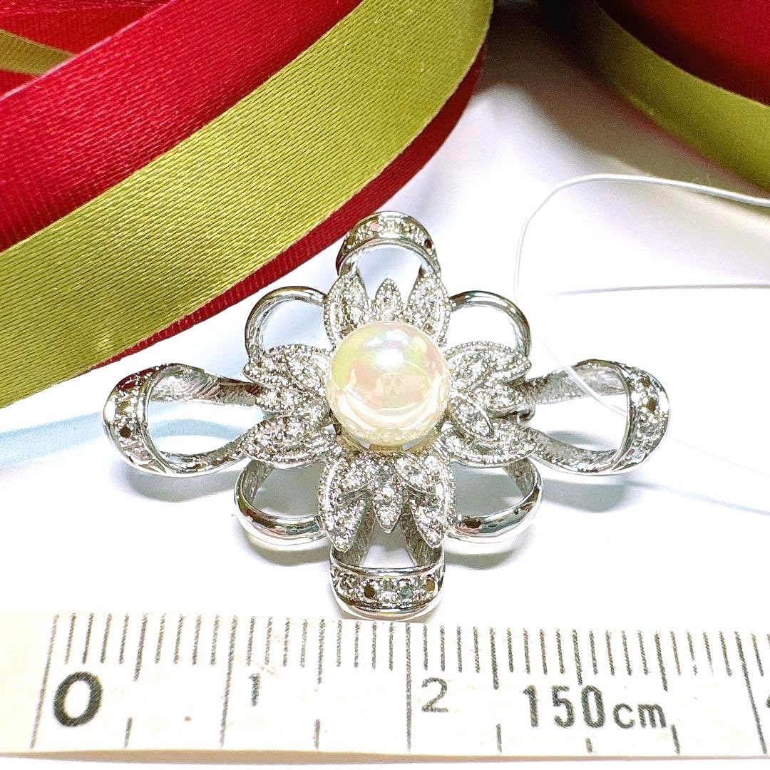 Akoya Pearl Silver Tone Flower Pendant Top Brooch 2-Way CZ Accent Japan Used