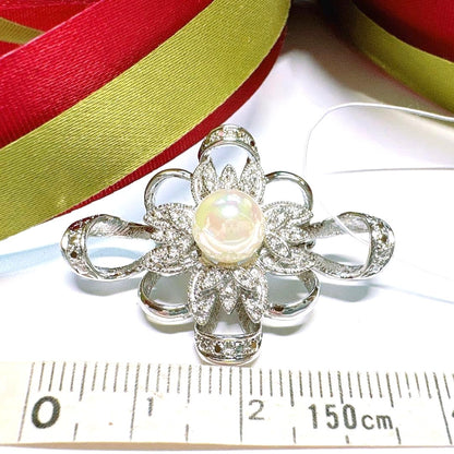 Akoya Pearl Silver Tone Flower Pendant Top Brooch 2-Way CZ Accent Japan Used