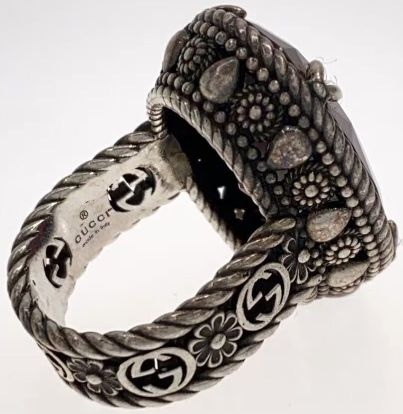 GUCCI Interlocking G Stone Ring Silver 925 Red Color Stone US 6.5 EU 53 Used
