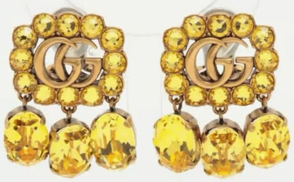 GUCCI Double G Crystal Drop Earrings Yellow Brass Vintage Style Authentic MInt