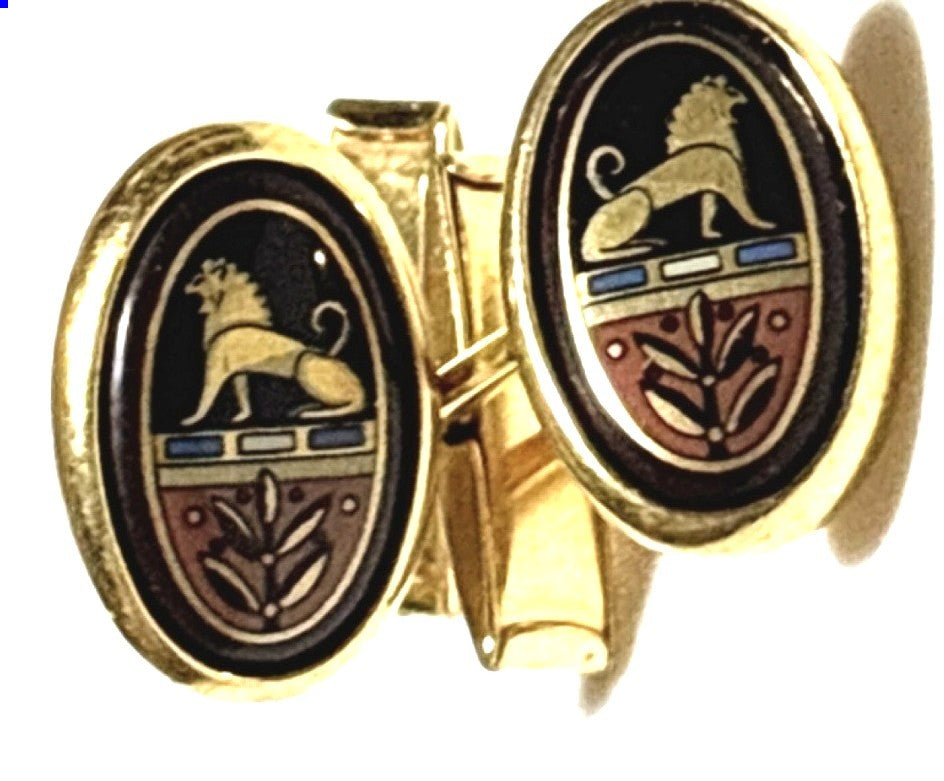MICHAELA FREY Wien Enamel Cufflinks Lion Crest Gold Tone Vintage Austria Mens