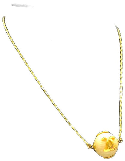 CHANEL CC Logo Ball Pendant Necklace Gold Tone Cream Resin Vintage Authentic