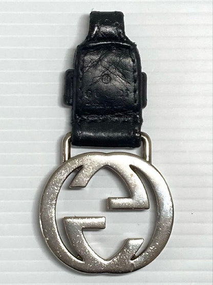 Gucci Auth Interlocking GG Logo Black Leather Keychain Key Ring Silver Used