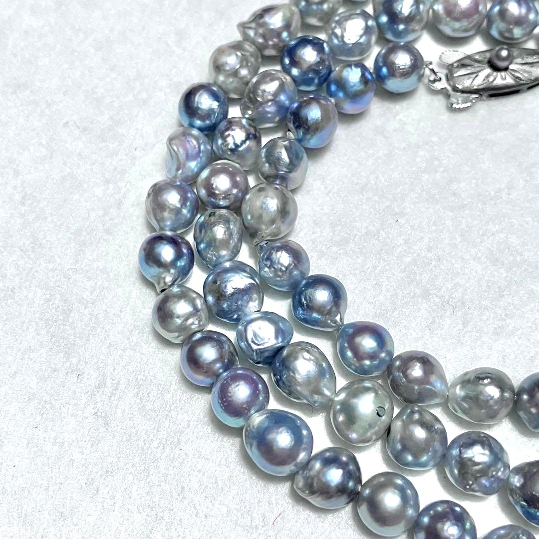 Takashimaya Akoya Pearl Necklace 3-Strand Blue Gray Baroque 8mm 20.9in Japan