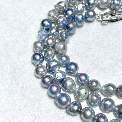 Takashimaya Akoya Pearl Necklace 3-Strand Blue Gray Baroque 8mm 20.9in Japan