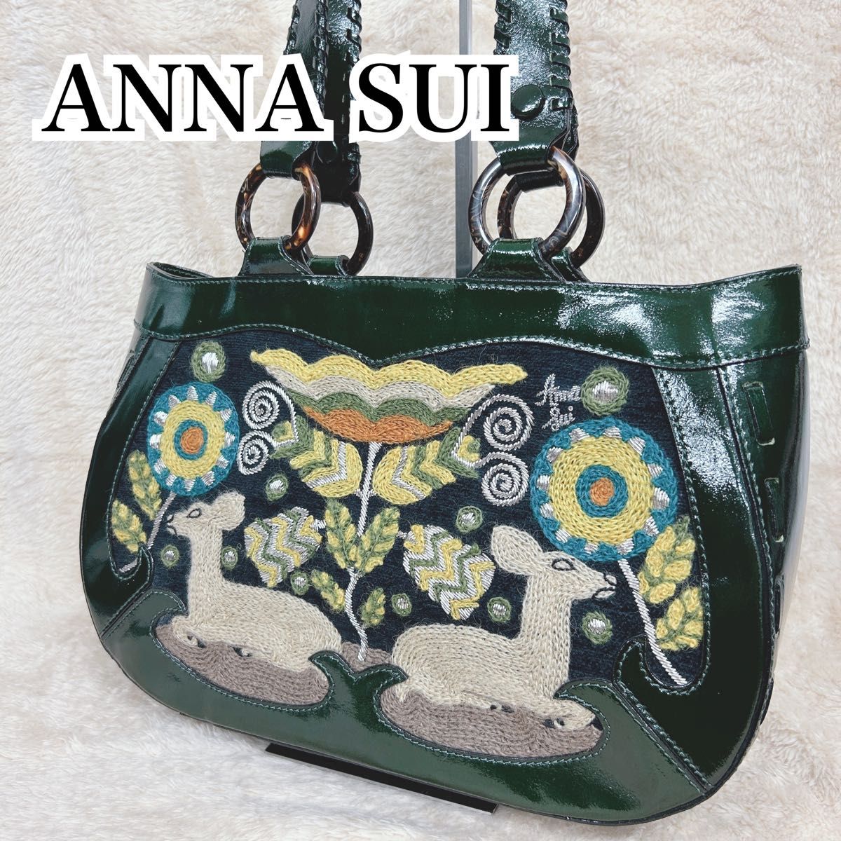 ANNA SUI Embroidered Tote Bag Dark Green Deer Floral Patent Leather Vintage