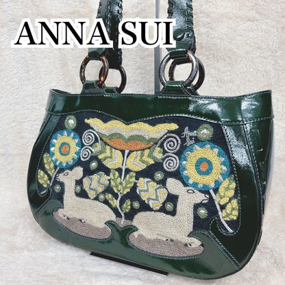 ANNA SUI Embroidered Tote Bag Dark Green Deer Floral Patent Leather Vintage