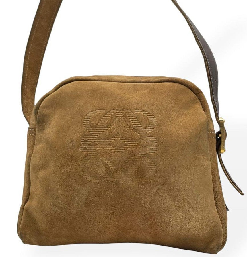 Loewe Anagram Beige Suede Shoulder Bag 20x23x9cm 7.9x9.1x3.5in