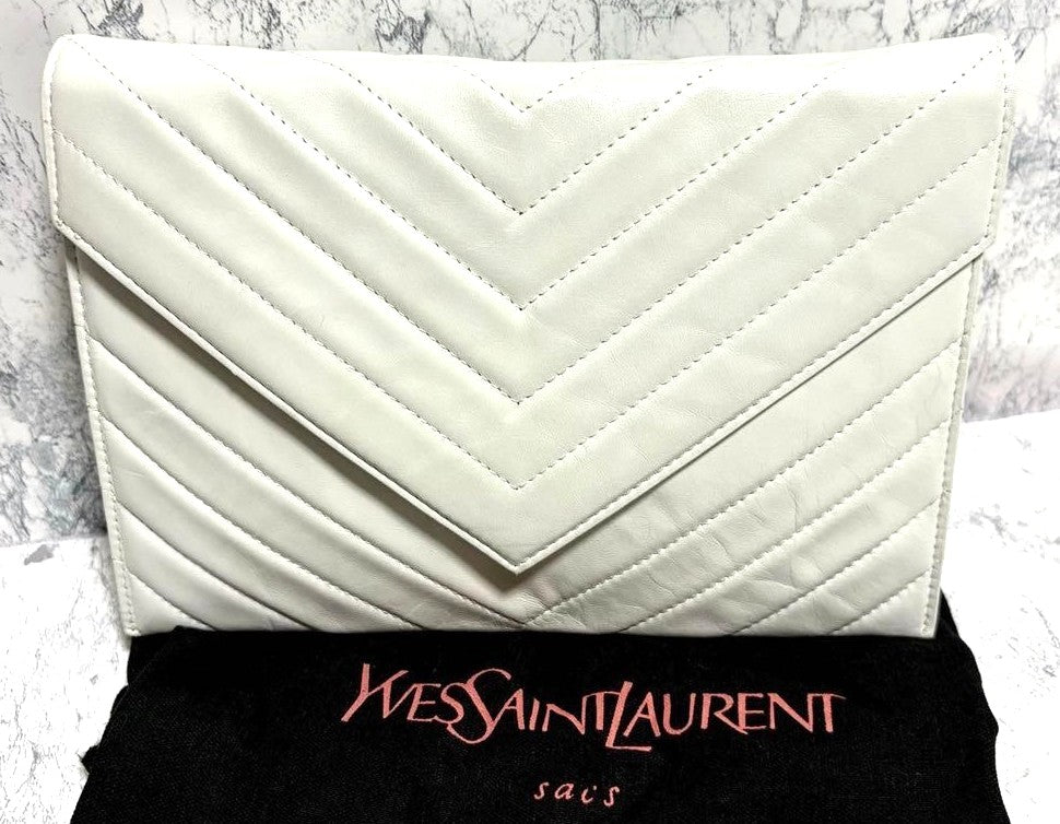 Yves Saint Laurent Clutch Bag Second Bag White Leather Chevron 9.6x6.7in