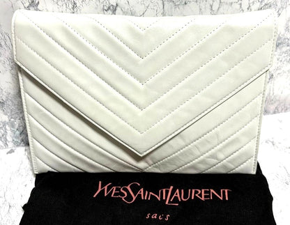 Yves Saint Laurent Clutch Bag Second Bag White Leather Chevron 9.6x6.7in