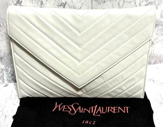 Yves Saint Laurent Clutch Bag Second Bag White Leather Chevron 9.6x6.7in