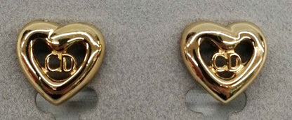 Christian Dior CD Heart Clip-On Earrings Gold Tone Vintage Authentic Germany