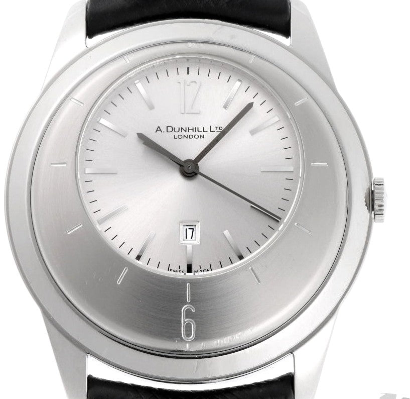 Dunhill Eccentric DQV210AL Quartz Watch Silver Dial SS Black Leather Swiss Used