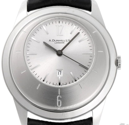Dunhill Eccentric DQV210AL Quartz Watch Silver Dial SS Black Leather Swiss Used
