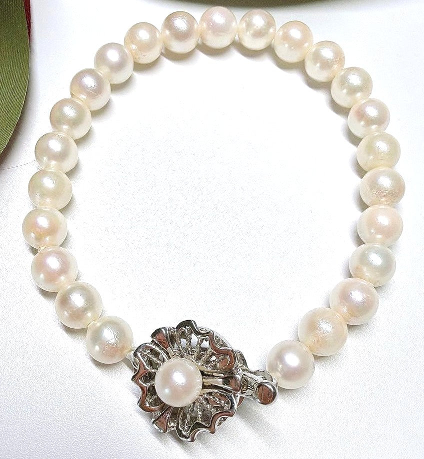 Akoya Cultured Pearl Bracelet 7.0mm Silver Clasp White Cream Japan 7.9in