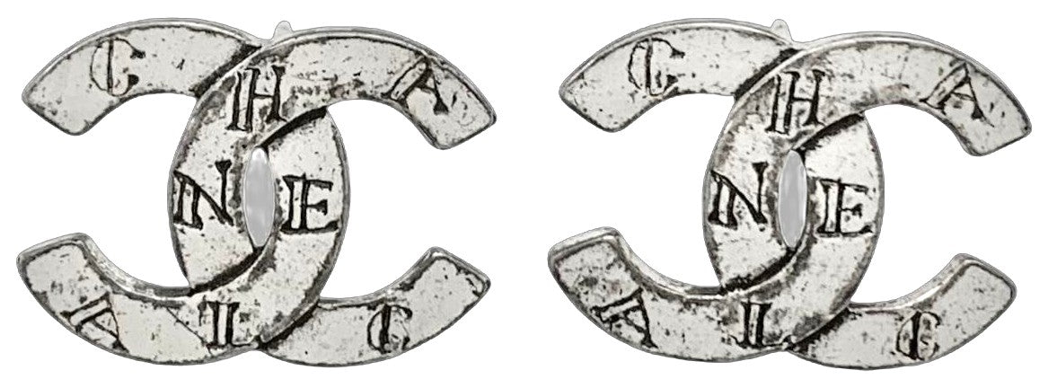 CHANEL 99A CC Logo Alphabet Silver Tone Stud Earrings Vintage Authentic