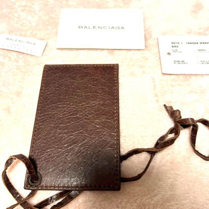 BALENCIAGA City First ID Card Holder Neck Strap Brown Lamb Leather Authentic