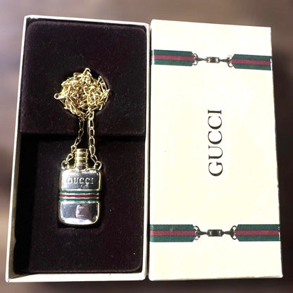GUCCI Perfume Bottle Pendant Necklace Sherry Line Gold Silver Vintage Authentic