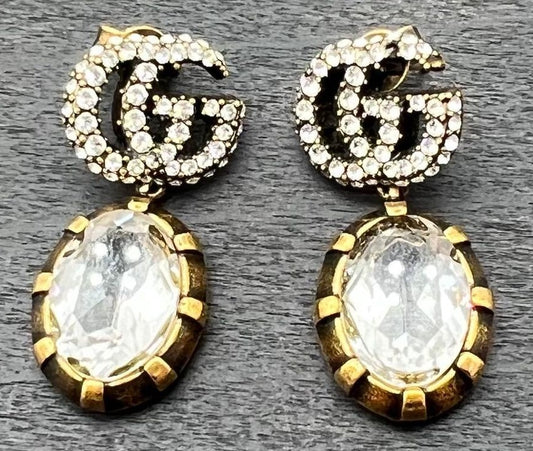 GUCCI Interlocking GG Crystal Drop Earrings Gold Rhinestone Vintage Auth Japan