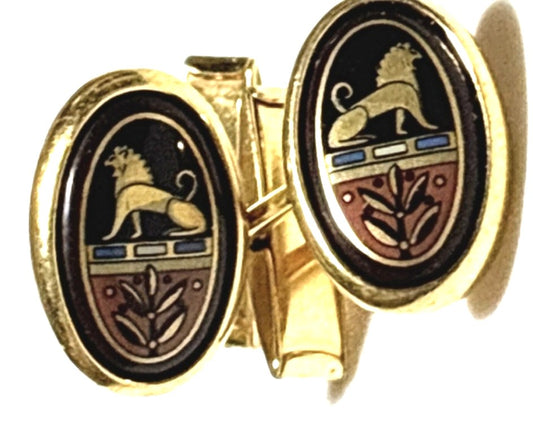 MICHAELA FREY Wien Enamel Cufflinks Lion Crest Gold Tone Vintage Austria Mens