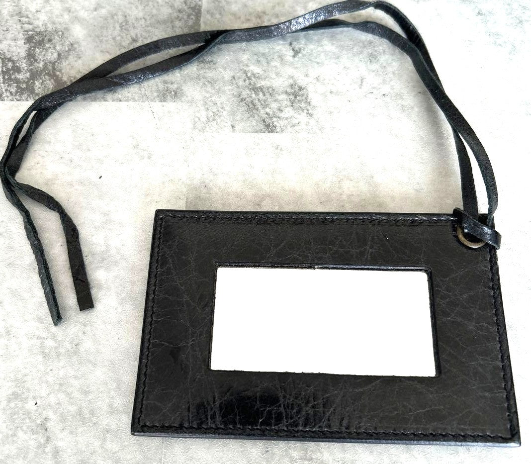 BALENCIAGA Black Leather Mirror Card Case ID Holder Neck Strap Lanyard Authentic
