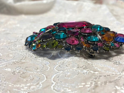 Christian Lacroix Multicolor Crystal Brooch Pin Pink Teal Gold Rhinestone Paris