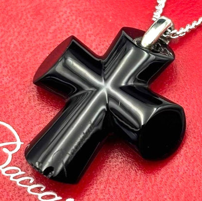 Baccarat Cross Necklace SV925 Silver Chain Black Crystal Pendant Unisex