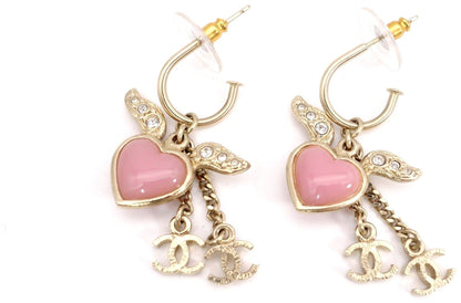CHANEL CC Logo Heart Wing Hoop Earrings Gold Pink Resin Rhinestone Authentic