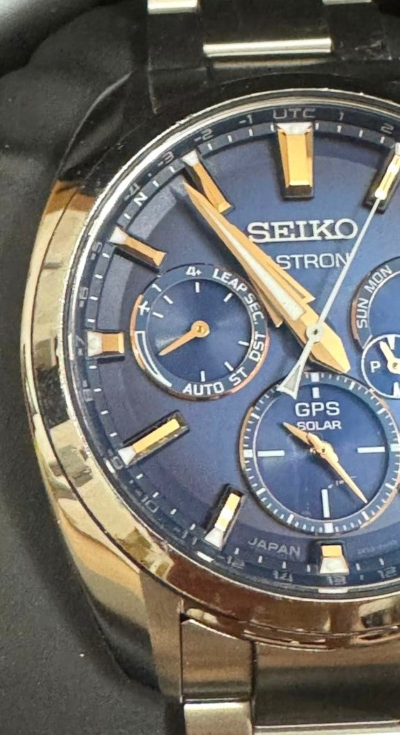 Seiko Astron SBXC049 5X53 GPS Solar Watch Blue Dial Gold Indices Made Japan Used