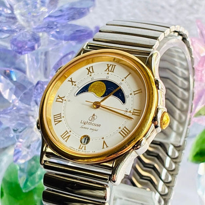 Citizen Lighthouse Lumen Majus Moon Phase Vintage Mens Watch Gold Silver Cream