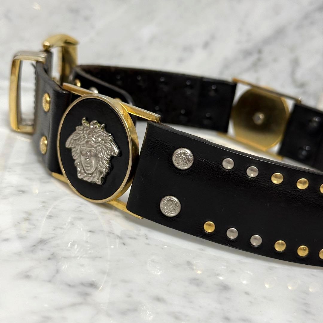 Gianni Versace Medusa Stud Black Leather Belt Gold Silver HW 120cm 47.2in Auth