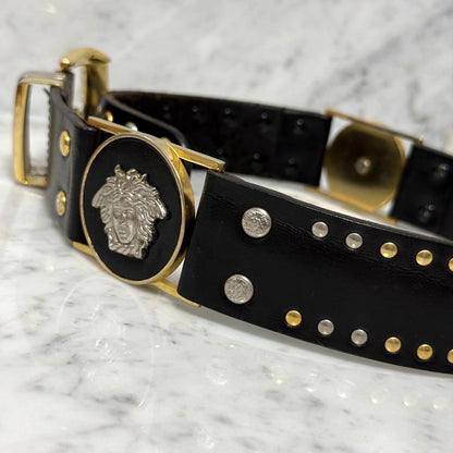 Gianni Versace Medusa Stud Black Leather Belt Gold Silver HW 120cm 47.2in Auth