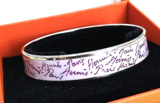 HERMES Paris Bangle Bracelet Pink Enamel Silver HW Logo Script 2.3in Authentic