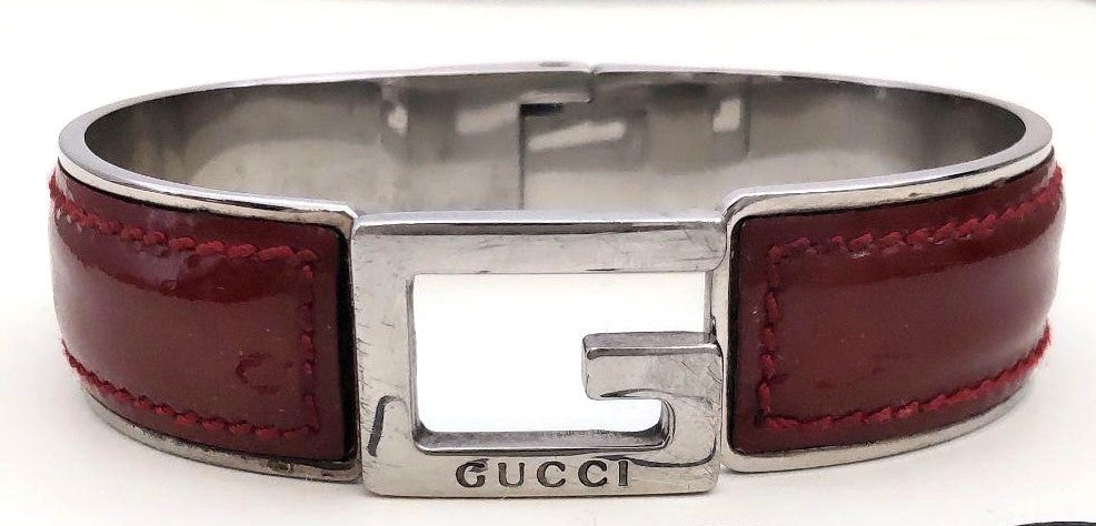 Gucci G Logo Bangle Bracelet Bordeaux Patent Leather Silver Tone Hardware 2.6in