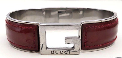 Gucci G Logo Bangle Bracelet Bordeaux Patent Leather Silver Tone Hardware 2.6in