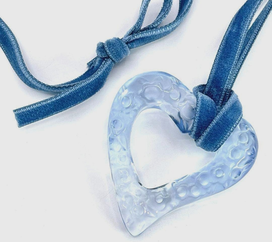 Baccarat Open Heart Pendant Necklace Light Blue Sable Crystal Glass Ribbon Cord