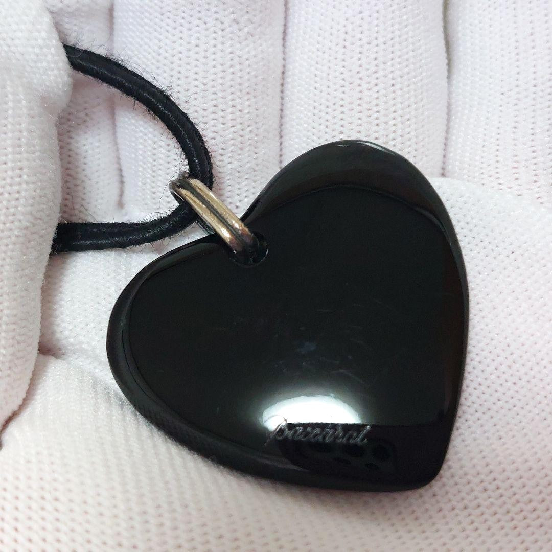 Baccarat Crystal Heart Pendant Necklace Black Leather Cord Silver Tone Hardware