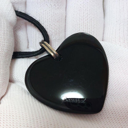 Baccarat Crystal Heart Pendant Necklace Black Leather Cord Silver Tone Hardware