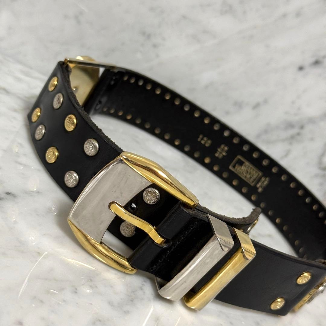 Gianni Versace Medusa Stud Black Leather Belt Gold Silver HW 120cm 47.2in Auth
