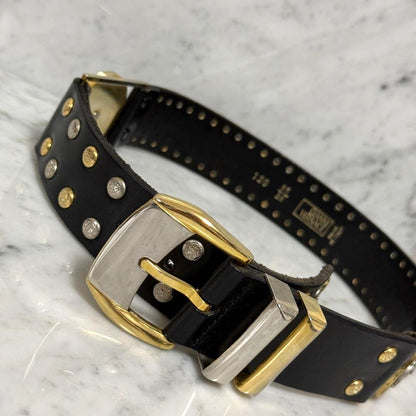Gianni Versace Medusa Stud Black Leather Belt Gold Silver HW 120cm 47.2in Auth
