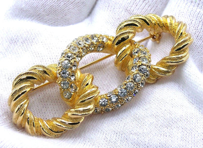 Christian Dior Twist Rope Rhinestone Brooch Pin Gold Tone Vintage Signed 3.4cm