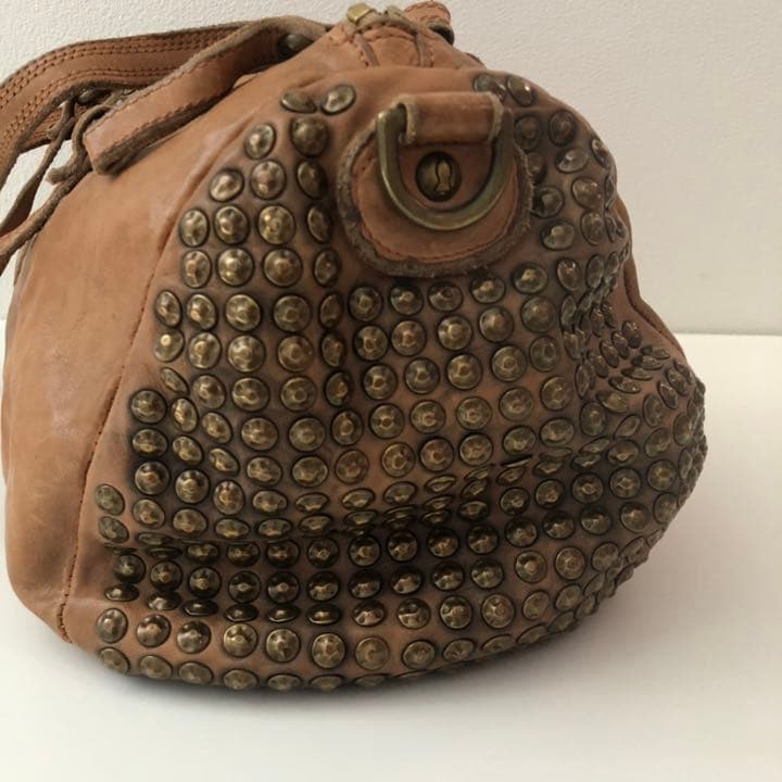 CAMPOMAGGI Studded Leather Boston Bag Camel Tan Italy 2way Vintage Distressed
