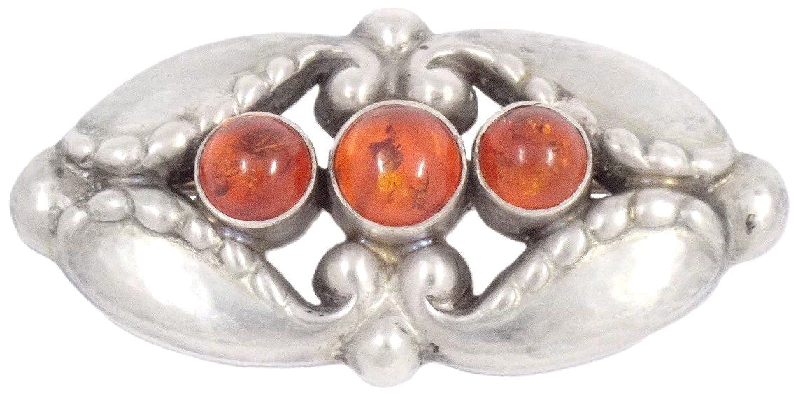 Georg Jensen #156 Brooch Silver 925 Amber Cabochon Art Nouveau Vintage Denmark