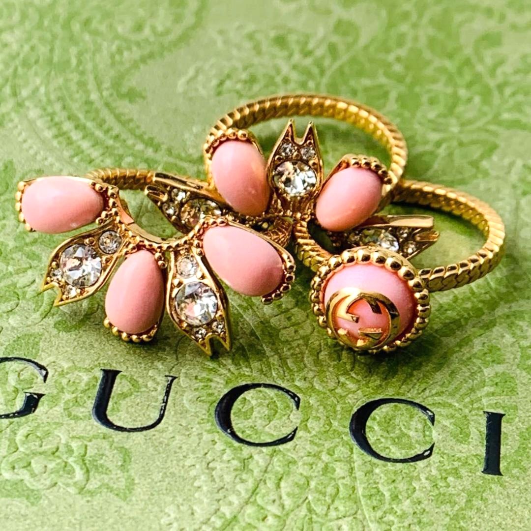 GUCCI Flower Ring Set 3-Band Coral Pink Crystal Gold Tone SizeS US6.5 EUR52 Auth