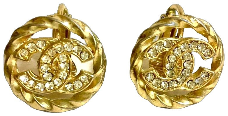 CHANEL CC Logo Rhinestone Twist Rope Clip-On Earrings Gold Vintage France 1.8cm